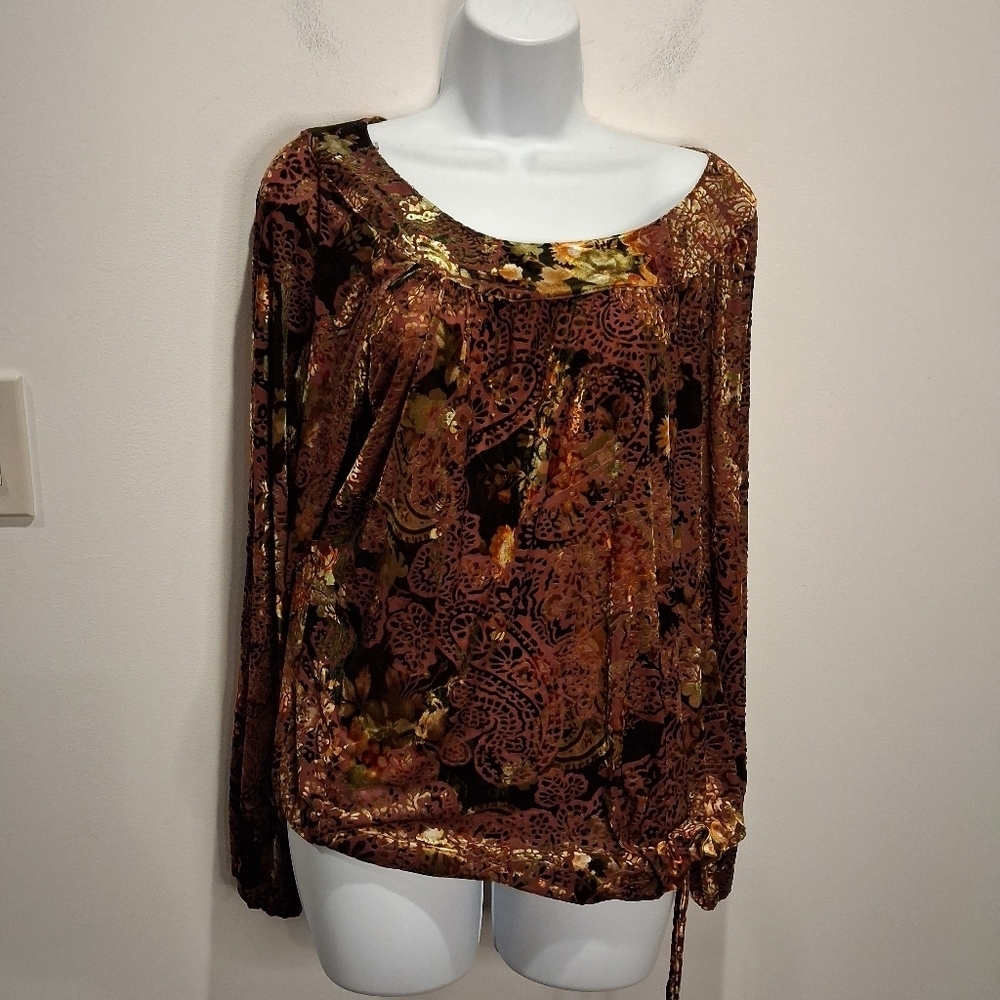 Chicos Size 2 Us Size 12 Velvet Burn Out Boho Top